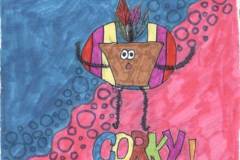 The front cover.<br />"The Adventures of Corky - Corky In The Jungle"<br />Felt tip on paper